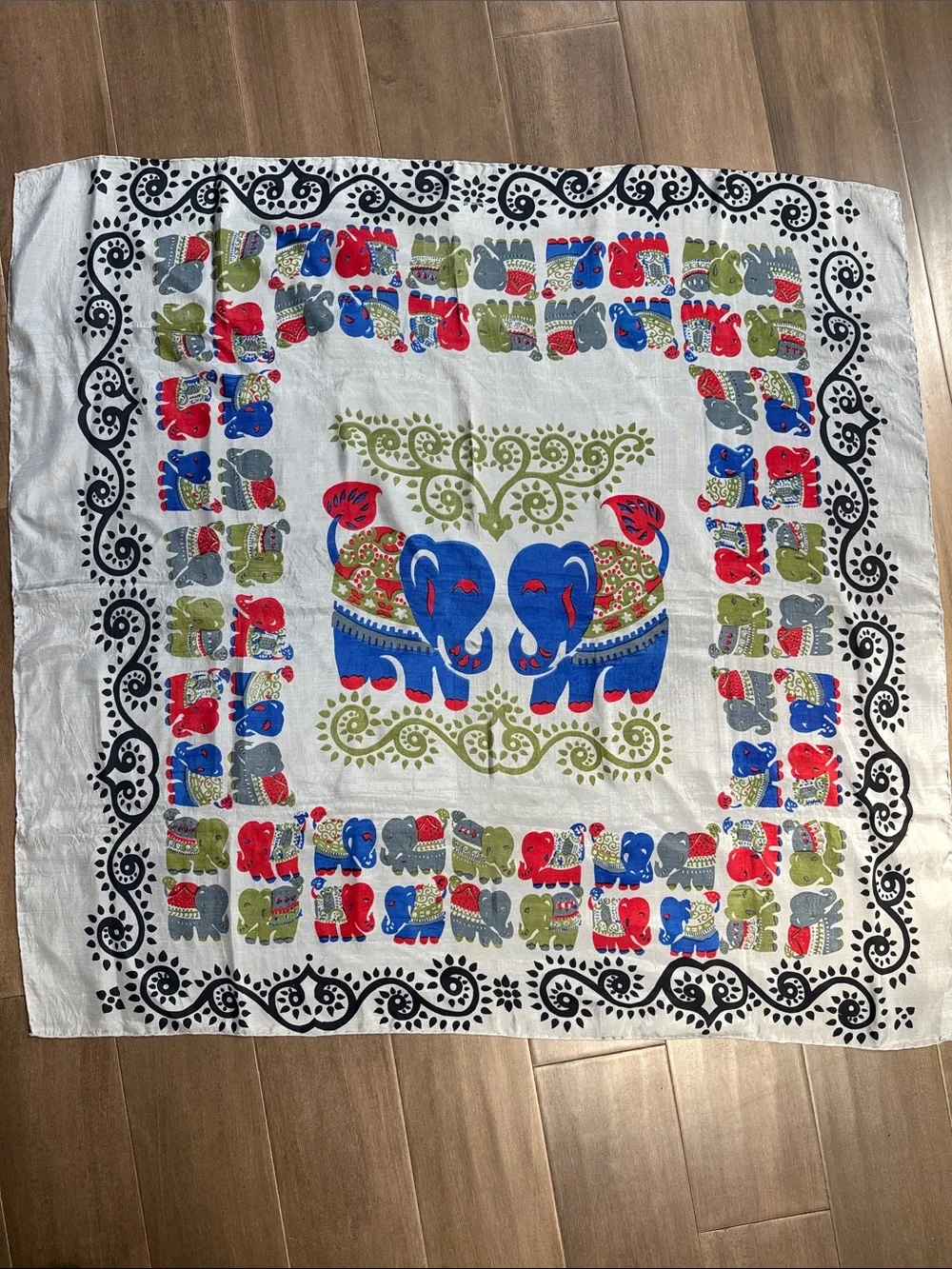 Vintage 100% Thai Silk Scarf Elephant Motif Colorful Square Wrap